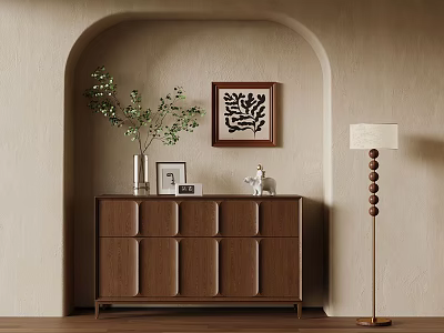 Warm Interior Scene With Arched Beige Wall Brown Cabinet Green Plant And Floor Lamp 3d model