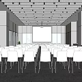 Modern Spacious Conference Room Interior With White Chairs Projector Screen And Large Windows