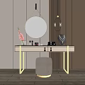 Elegant Modern Vanity Table With Gold Legs Round Mirror Beige Stool And Decorative Items 3d model