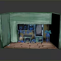 Household Items In Miniature Green Room With Orange Pots Green Bottles Mirror And Potted Plant