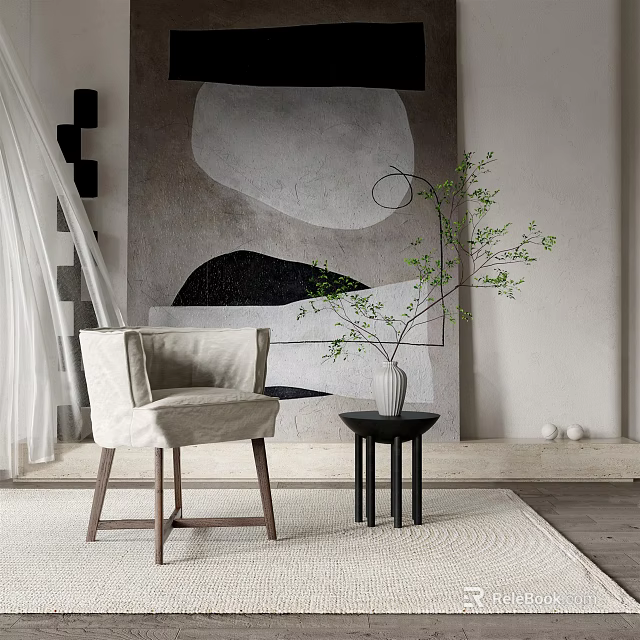Stylish Accent Chair with Wooden Legs Side Table White Vase Green Plant And Abstract Art 3d model 