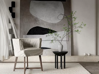 Stylish Accent Chair with Wooden Legs Side Table White Vase Green Plant And Abstract Art 3d model