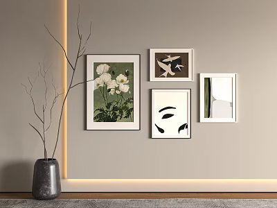 Modern Wall Decor With Four Framed Paintings Vase With Branches Light Strip On Gray Wall 3d model