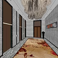 Luxurious Elevator Hallway Interior With Marble Walls Decorative Carpet And Wooden Doors