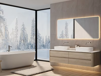 Modern Bathroom Vanity With Double Sink Backlit Mirror And Snowy View 3d model