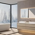 Modern Bathroom Vanity With Double Sink Backlit Mirror And Snowy View