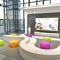 Modern Open Lounge Interior With Glass Partition Staircase Large Windows And Colorful Seating