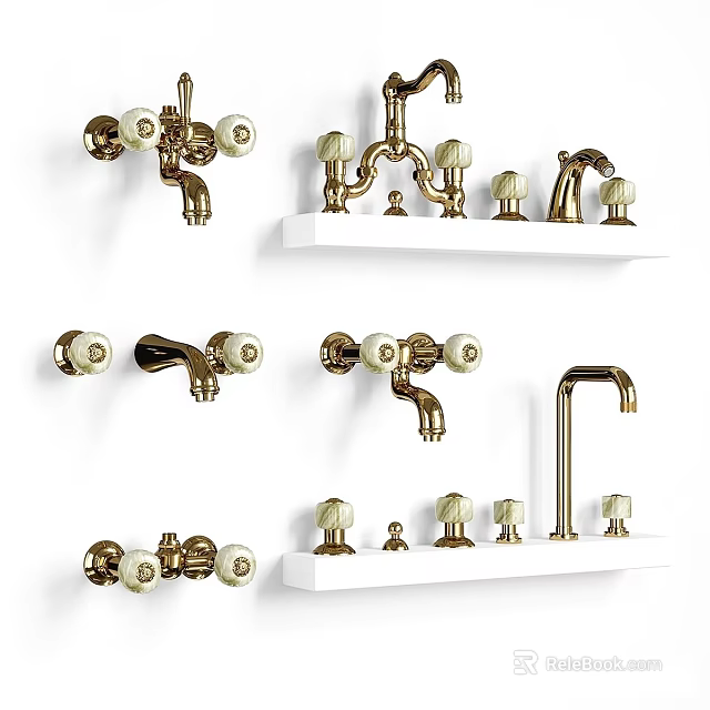 Vintage Brass Faucets With White Knobs In Various Styles Displayed On Shelves 3d model
