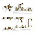 Vintage Brass Faucets With White Knobs In Various Styles Displayed On Shelves 3d model