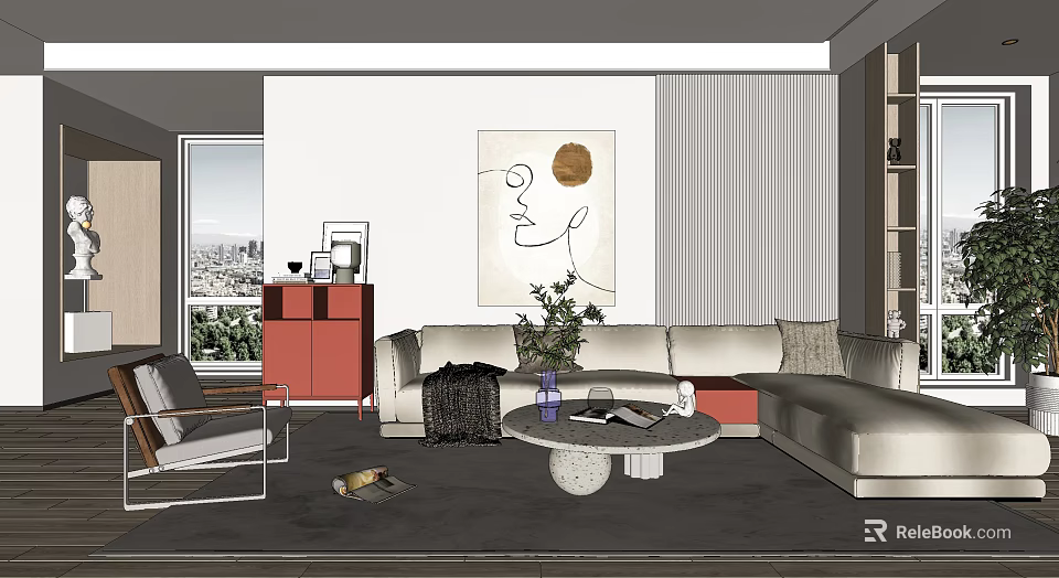 Modern Living Room Interior Design With Sofa Coffee Table Artwork Red Cabinet And Plant 3d model 