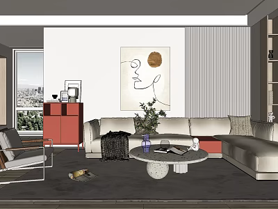 Modern Living Room Interior Design With Sofa Coffee Table Artwork Red Cabinet And Plant 3d model