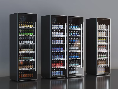Beverage Display Refrigerators With Black Glass Doors And Various Bottled Drinks Inside 3d model