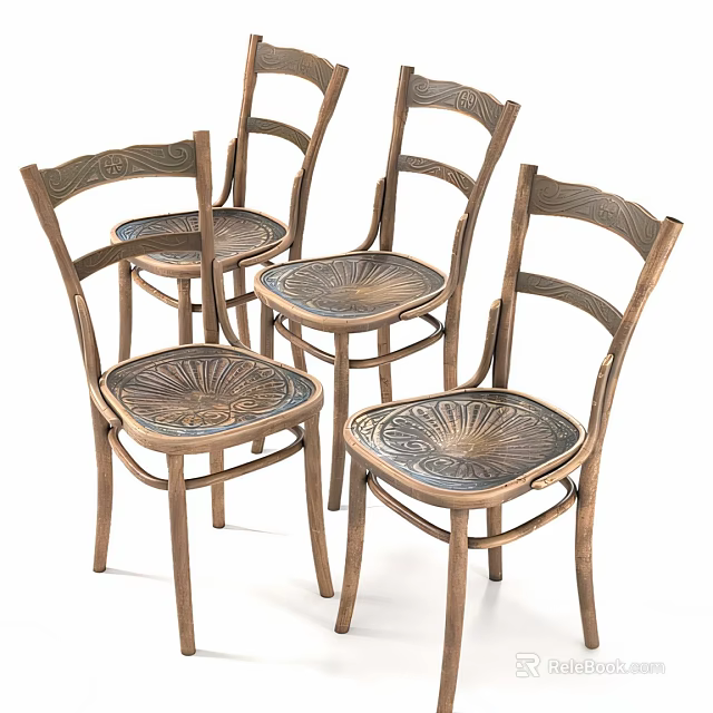 Vintage Wooden Single Chair With Carved Backrest And Patterned Seat 3d model 