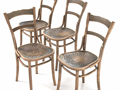 Vintage Wooden Single Chair With Carved Backrest And Patterned Seat 3d model