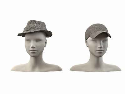 Stylish Woven Fedora Hat and Baseball Cap on Mannequin Heads for Fashion 3d model