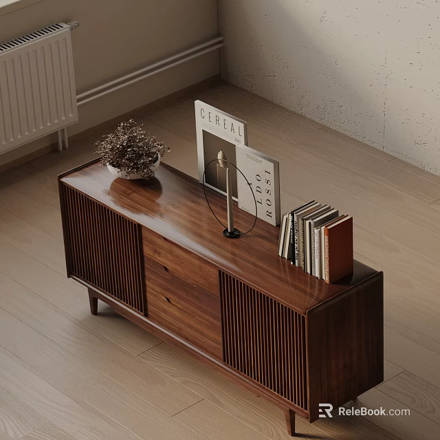 Modern Wooden Console Table With Vertical Slats Decorative Vase Magazine Microphone And Books 3d model 