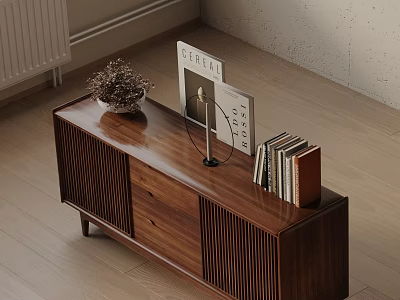 Modern Wooden Console Table With Vertical Slats Decorative Vase Magazine Microphone And Books 3d model