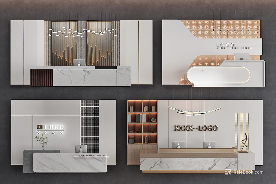 Modern Front Desk Backdrop Design With Marble Countertop And Logo 3d model 