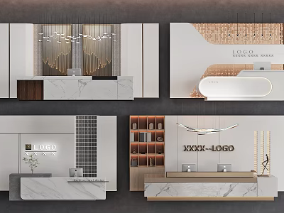 Modern Front Desk Backdrop Design With Marble Countertop And Logo 3d model