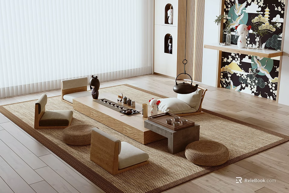 Cushioned Tea Table and Chairs with Stools on Rug Near Blinds and Floral Decorative Wall 3d model 