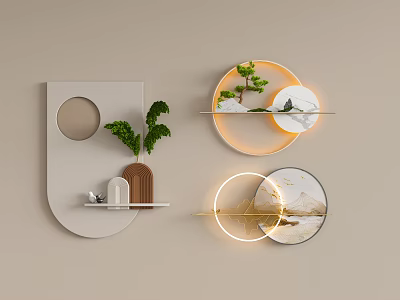 Modern Wall Hangings With U Shaped Shelf Circular Design Green Plants And Landscape Pattern 3d model