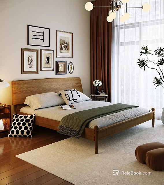 Modern Double Sofa In Bedroom With Wooden Bedside Tables Decorative Paintings And Green Plants 3d model 
