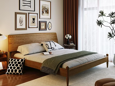 Modern Double Sofa In Bedroom With Wooden Bedside Tables Decorative Paintings And Green Plants 3d model