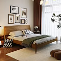 Modern Double Sofa In Bedroom With Wooden Bedside Tables Decorative Paintings And Green Plants