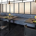 Chinese Style Restaurant Interior With Screen Partitions Red Floral Decor And Blue Banquettes