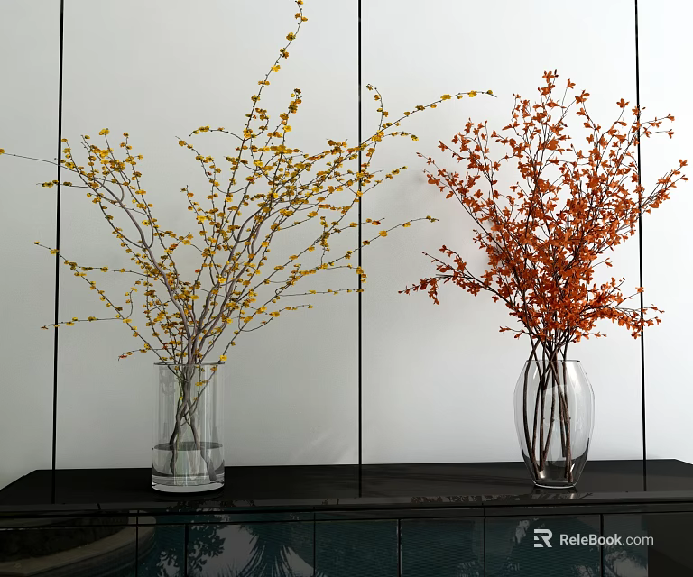 Transparent Glass Vases With Yellow And Red Flowers On Black Tabletop Against White Wall 3d model 