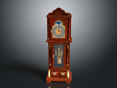 Antique Wooden Grandfather Clock With Carved Details Blue Gold Dial And Pendulum 3d model