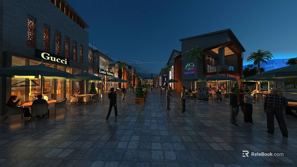 Vibrant Commercial Street Night View With Luxury Stores Pedestrians And Outdoor Seating Areas 3d model 