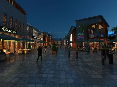 Vibrant Commercial Street Night View With Luxury Stores Pedestrians And Outdoor Seating Areas 3d model