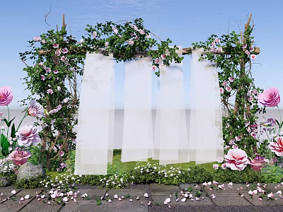 Floral Installation Archway With Green Vines Pink Flowers And White Drapes 3d model