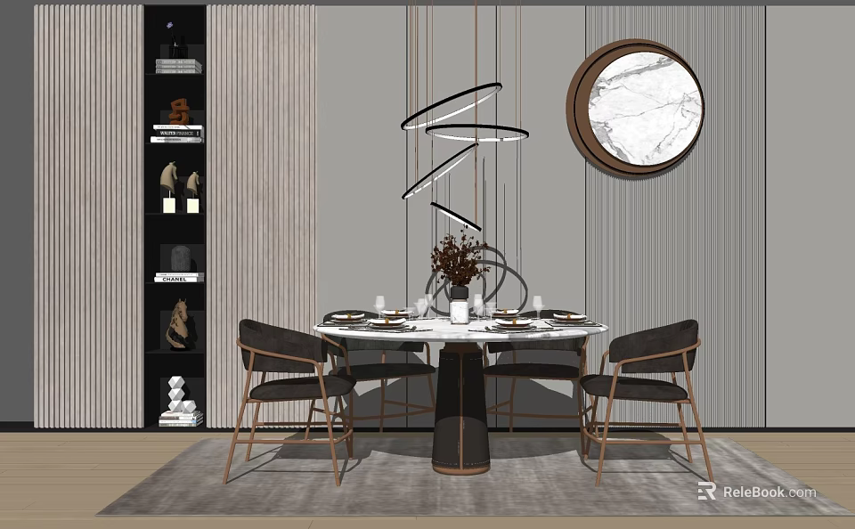 Modern Round Dining Table Set With Chairs Geometric Pendant Light And Marble Decor 3d model
