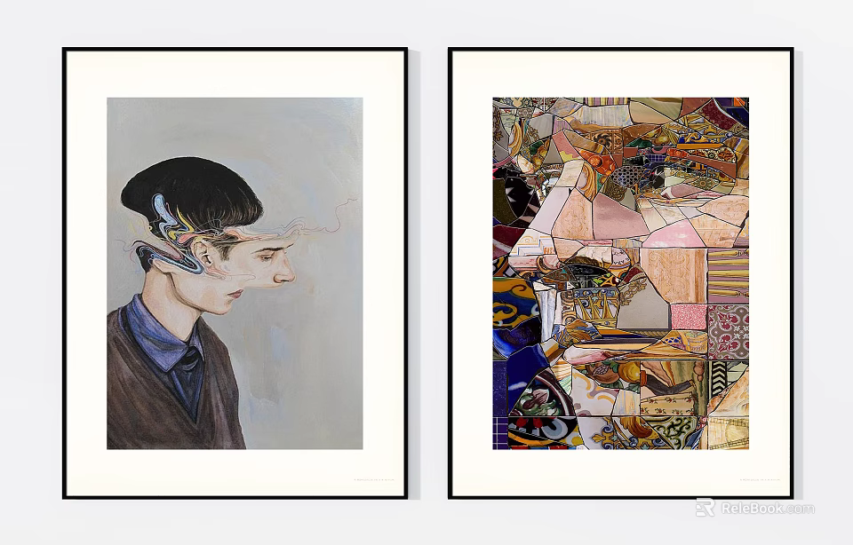 Portrait Paintings With Abstract Head Extended Nose And Colorful Collage Style Artwork Mixed Patterns 3d model 