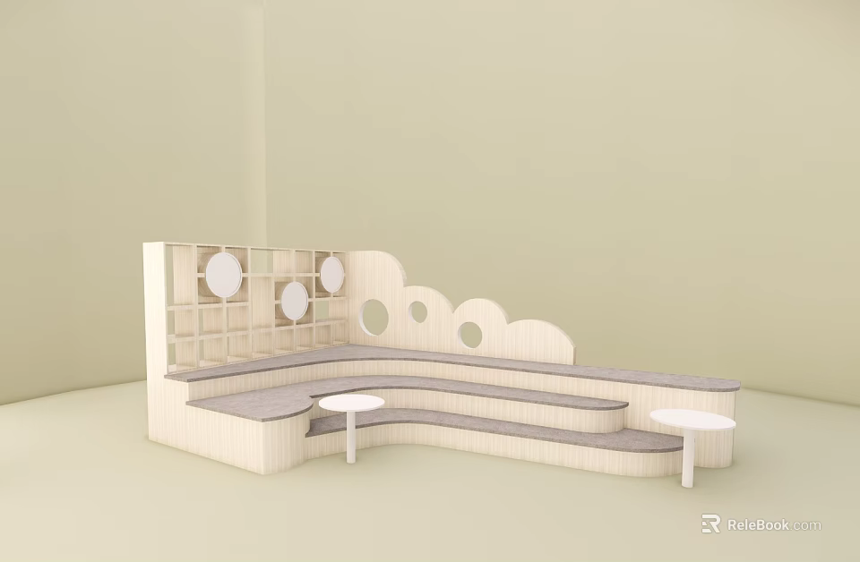 Wooden Floor Interior With Light Colored Curved Bench Small Round Tables And Decorative Panels 3d model 