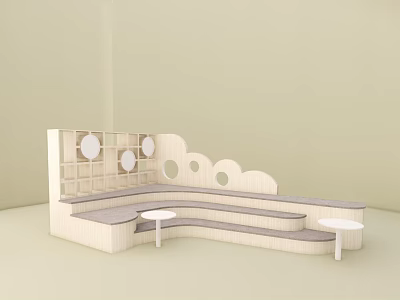 Wooden Floor Interior With Light Colored Curved Bench Small Round Tables And Decorative Panels 3d model
