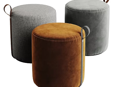 Upholstered Gray and Brown Ottomans with Leather Handles for Home Decor 3d model