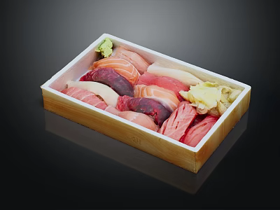 Fresh Sashimi in Wooden Box with Various Fish Slices Green Garnish and Yellow Pickled Ginger 3d model