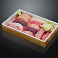 Fresh Sashimi in Wooden Box with Various Fish Slices Green Garnish and Yellow Pickled Ginger