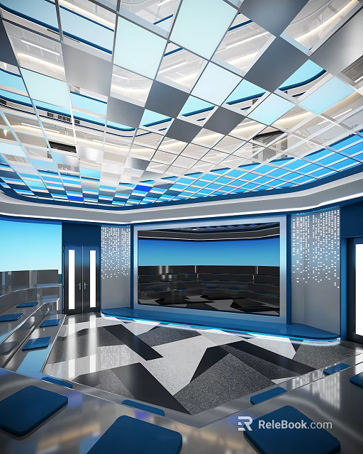 Modern Conference Room Interior With Blue White Ceiling Geometric Patterns And Large Screen 3d model
