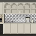 Cream Kitchen Cabinets With Arched Design Patterned Tile Backsplash Coffee Machine And Oven 3d model