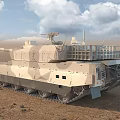 Sand Colored Military Tank With Cannon Tracks In Desert Under Cloudy Sky