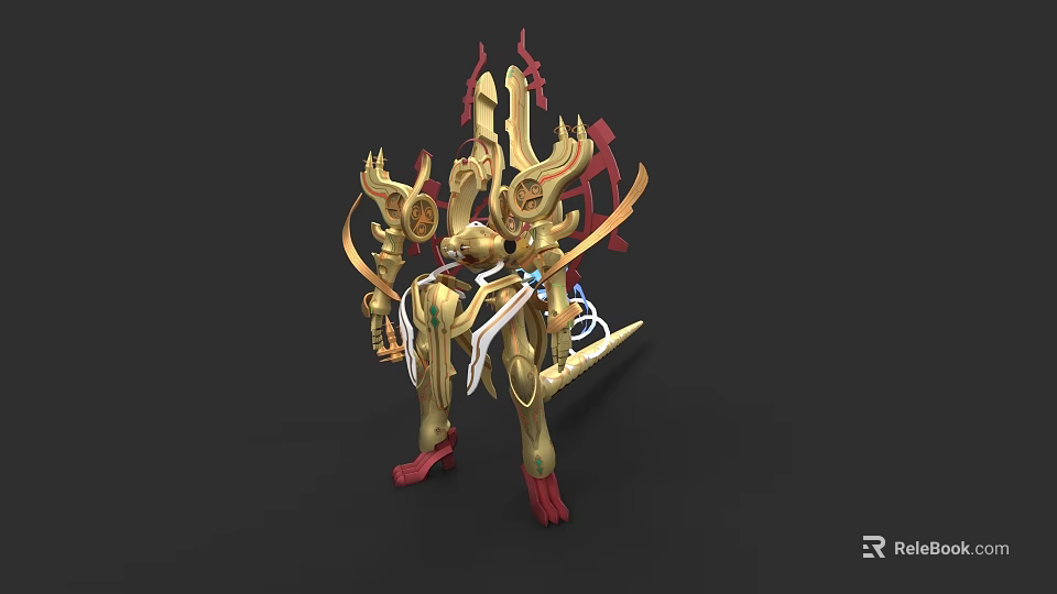Golden Armored Game Movie Character With Intricate Red Accents And Mechanical Design 3d model 