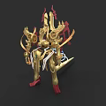 Golden Armored Game Movie Character With Intricate Red Accents And Mechanical Design