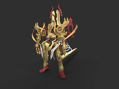 Golden Armored Game Movie Character With Intricate Red Accents And Mechanical Design 3d model