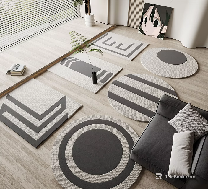 Modern Square Rugs In Black White Gray For Minimalist Living Room With Sofa And Plant 3d model 