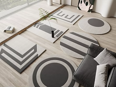 Modern Square Rugs In Black White Gray For Minimalist Living Room With Sofa And Plant 3d model