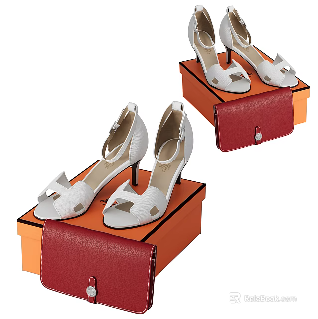 Stylish Red Bag And Orange Boxes With White High Heels On 3d model 